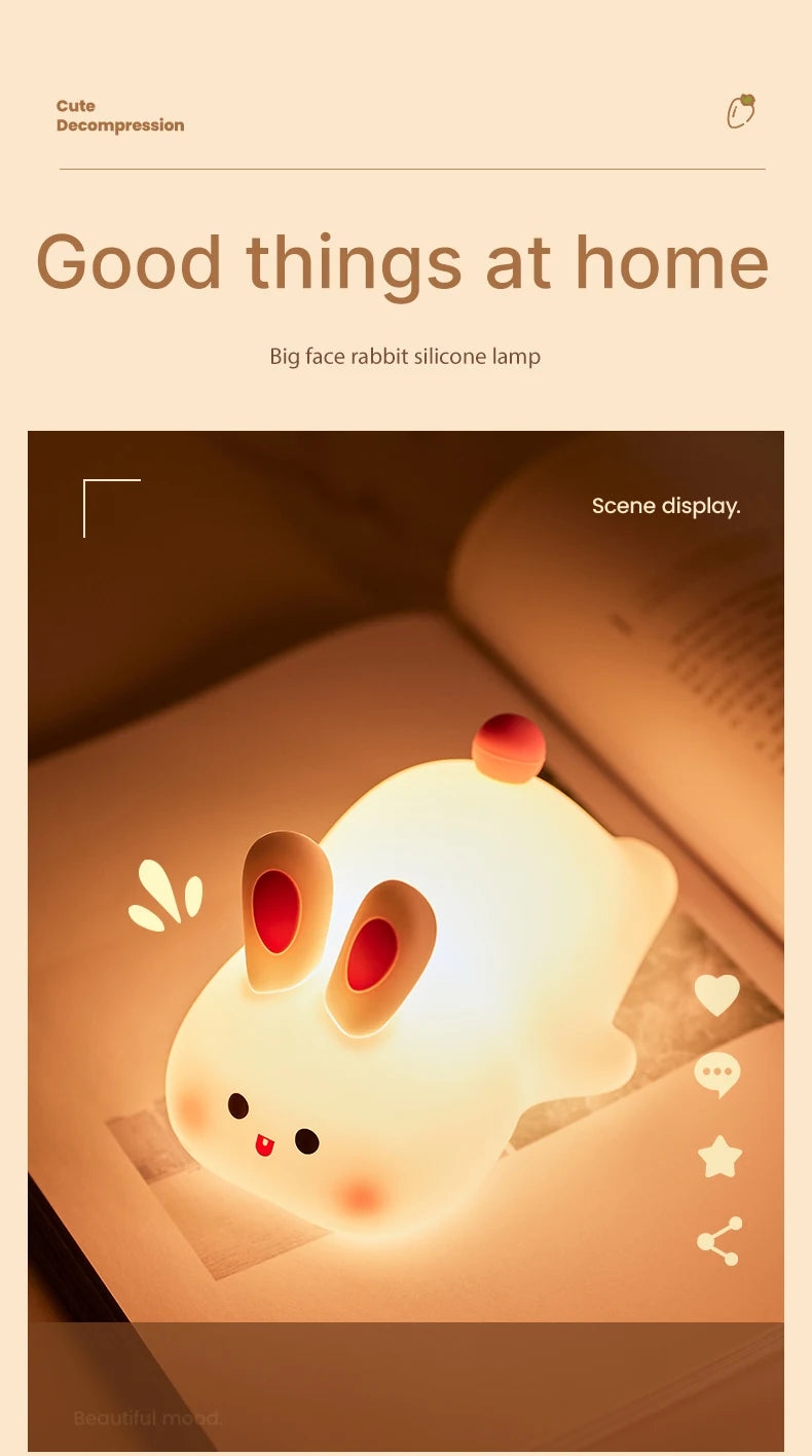 Cute Rabbit Rechargeable Silicone Night Lamp Touch Sensor Big Face Rabbit Light Timing USB Light for Kids Gift Party Decor