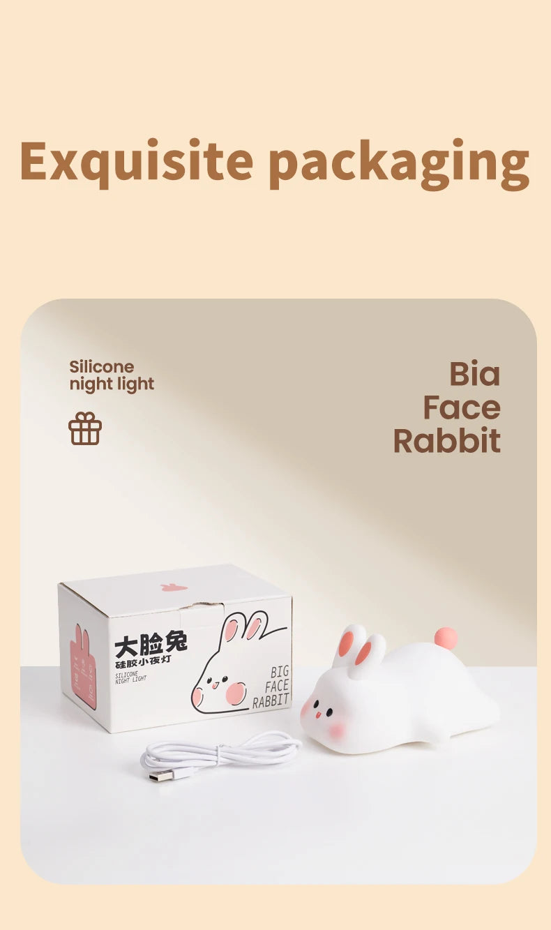 Cute Rabbit Rechargeable Silicone Night Lamp Touch Sensor Big Face Rabbit Light Timing USB Light for Kids Gift Party Decor