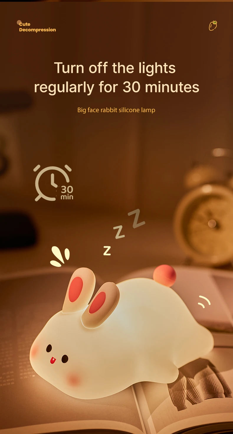 Cute Rabbit Rechargeable Silicone Night Lamp Touch Sensor Big Face Rabbit Light Timing USB Light for Kids Gift Party Decor