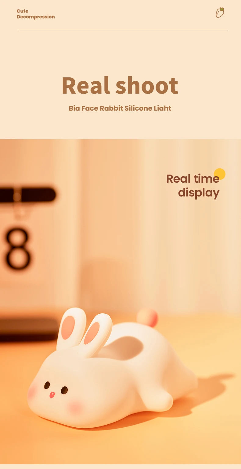 Cute Rabbit Rechargeable Silicone Night Lamp Touch Sensor Big Face Rabbit Light Timing USB Light for Kids Gift Party Decor