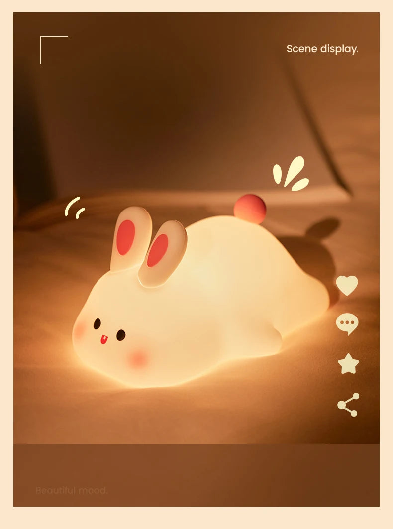 Cute Rabbit Rechargeable Silicone Night Lamp Touch Sensor Big Face Rabbit Light Timing USB Light for Kids Gift Party Decor