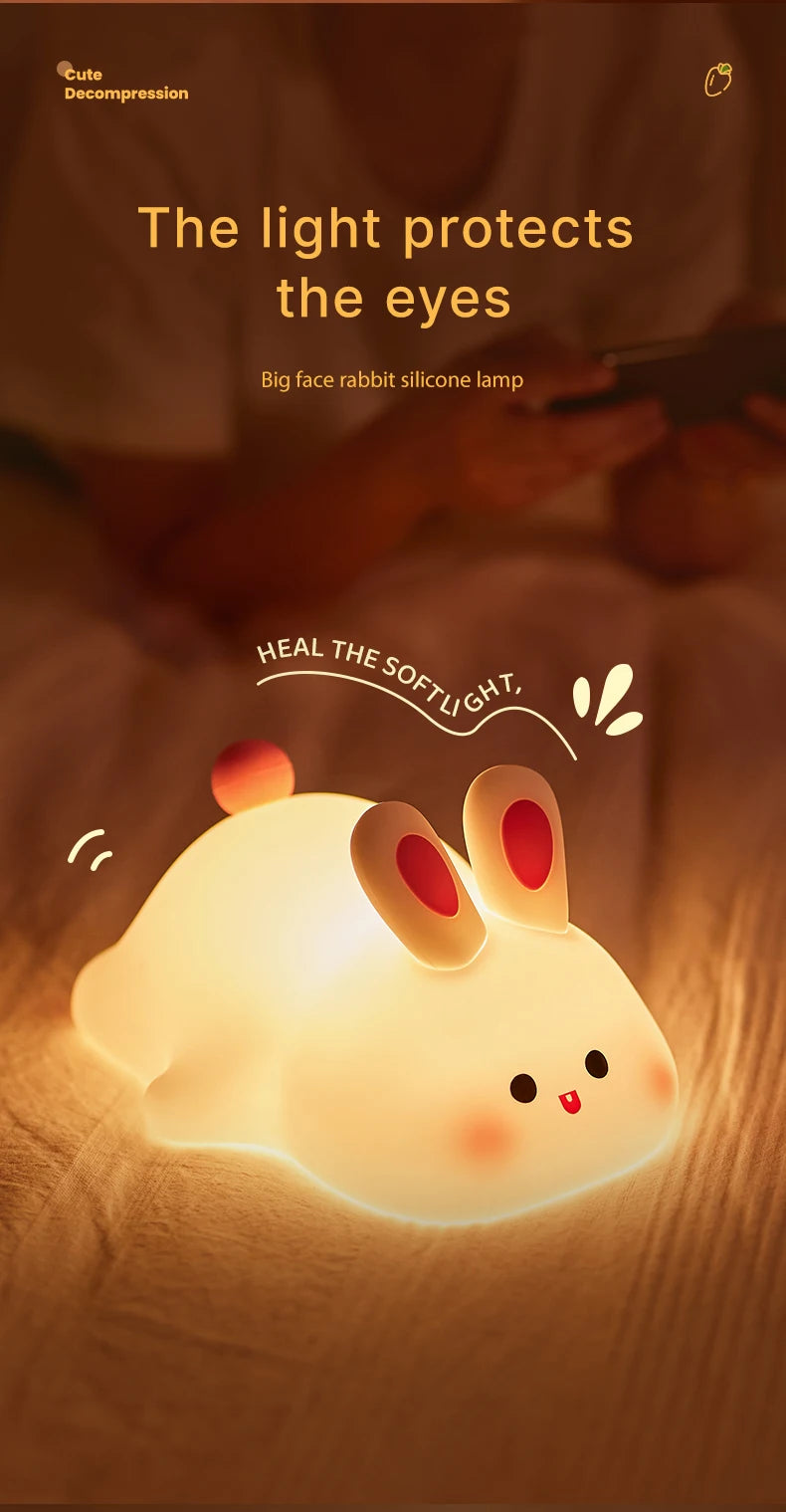 Cute Rabbit Rechargeable Silicone Night Lamp Touch Sensor Big Face Rabbit Light Timing USB Light for Kids Gift Party Decor