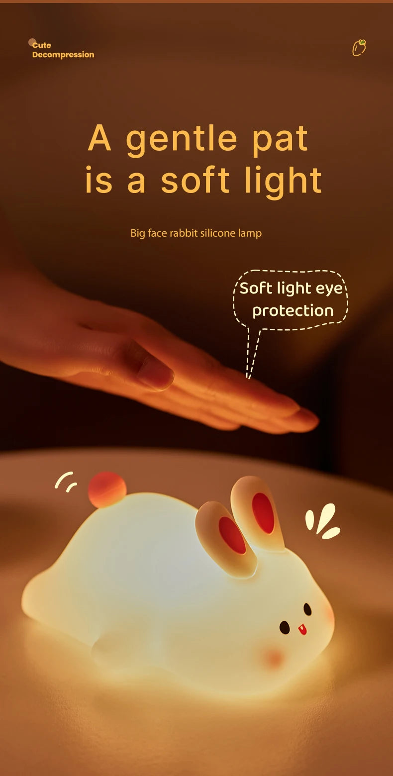 Cute Rabbit Rechargeable Silicone Night Lamp Touch Sensor Big Face Rabbit Light Timing USB Light for Kids Gift Party Decor