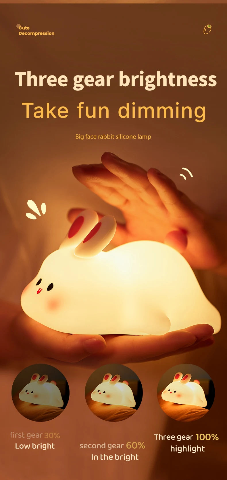 Cute Rabbit Rechargeable Silicone Night Lamp Touch Sensor Big Face Rabbit Light Timing USB Light for Kids Gift Party Decor